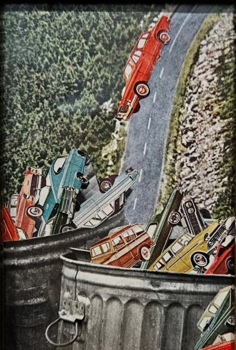 a bunch of cars are falling into a trash can