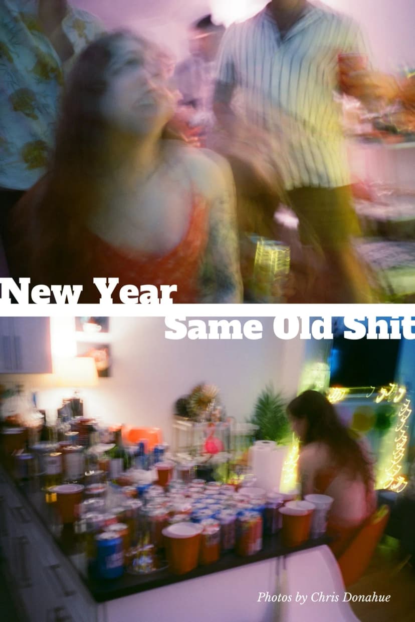 Two film photos of a girl at a New Years Eve party