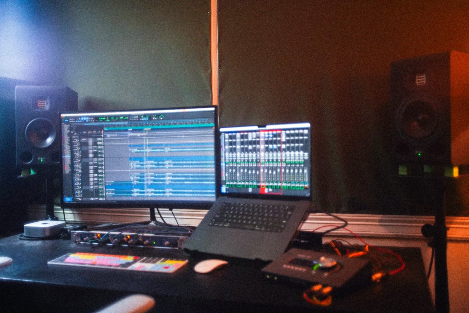 Mixing control room with studio monitors, a Pro Tools session on screen, and outboard gear